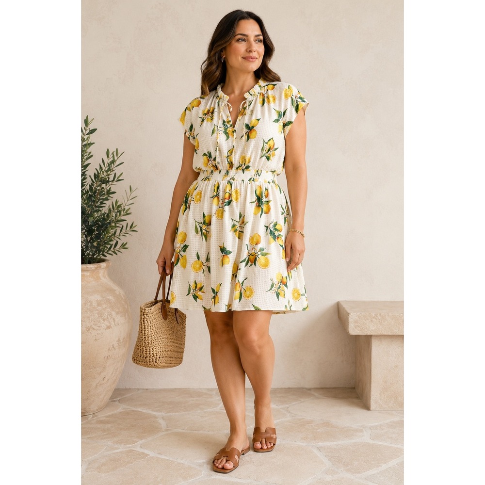 Lemon Print Blouson Mid Dress 2X Cap Sleeves Flowy Euro Summer Vacation Resort